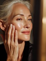 Elegant mature woman with silver hair touching her glowing skin in warm sunlight, showcasing natural aging beauty and confidence for skincare advertising.