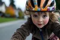 Cheerful Caucasian child wearing colorful safety helmet while riding bike on suburban street, close-up portrait showing innocent expression and rosy cheeks.