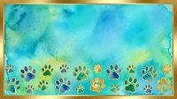 Colorful paw prints in various hues arranged across turquoise and yellow watercolor background, suitable for pet-related designs, animal lovers' projects, and veterinary marketing materials.