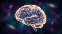 Human brain with glowing neural pathways floating in cosmic space with galaxies and stars for neuroscience and medical research concepts.