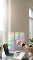 Caucasian male hand interacting with holographic interface displaying colorful app icons and data visualizations in bright office space with laptop and plants.