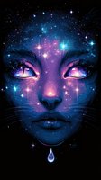 Mystical cosmic face with galaxy-themed skin, glowing eyes, and starry details in blue and purple hues, featuring ethereal teardrop element. Surreal fantasy art.