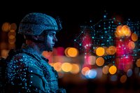 Military soldier silhouette against digital network visualization and city bokeh lights at night, representing modern warfare and cybersecurity concepts.