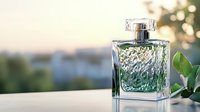 Elegant glass perfume bottle with green liquid against blurred natural background, ideal for luxury fragrance advertising.