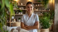Young Caucasian female massage therapist in white uniform smiling with crossed arms at wellness spa center, surrounded by plants and natural decor in warm lighting.
