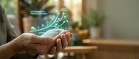 Hands holding holographic sustainability icons with green technology symbols representing eco-friendly business solutions and environmental responsibility.