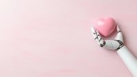 Robotic white hand holding pink heart against soft pink background, representing artificial intelligence, love and human-machine interaction concept.