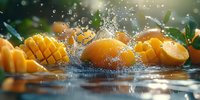 Fresh ripe mango slices with water splashes and droplets on dark background with green leaves, dramatic food photography with bokeh effect.