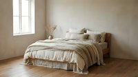 Serene bedroom interior with natural linen bedding, wooden bed frame, and minimalist decor near window with soft natural light for home design projects.