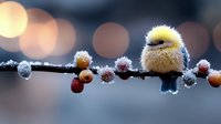 Fluffy yellow baby bird perched on frosty winter branch with frozen red berries against blurred bokeh background, creating magical nature scene in cold season.