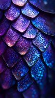 Iridescent scales macro photography showing vibrant purple and blue colors with water droplets creating magical light refraction pattern. For fantasy or nature designs.