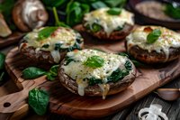 Stuffed portobello mushroom caps with melted cheese, spinach and herbs served on wooden cutting board, rustic food styling for restaurant menu.