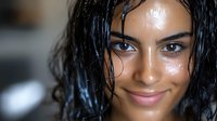 Young Latin American woman with wet dark curly hair and natural makeup smiling at camera, fresh glowing skin with water droplets, close-up beauty portrait.