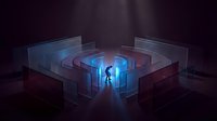 Silhouette of person standing in glowing blue geometric maze structure with layered transparent walls and dark atmospheric lighting for technology and innovation concepts.