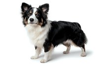 Border Collie dog with black and white coat standing in profile view against pure white background, isolated studio shot for commercial and advertising use.