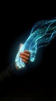 Human hand reaching toward glowing digital wireframe hand representing artificial intelligence connection and futuristic technology interaction.