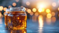 Glass jar filled with golden honey glowing in warm sunset light against blurred bokeh background, creating magical atmosphere for food photography.