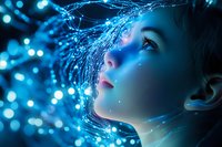 Young Asian woman illuminated by glowing blue light with digital network patterns and sparkles flowing through hair, representing artificial intelligence and technology.