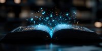 Magical open book with glowing blue letters and numbers floating upward against dark background, creating mystical educational atmosphere with bokeh light effects.