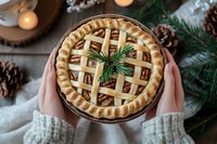 Hands holding homemade lattice apple pie with decorative crust on rustic wooden table surrounded by pine branches, candles and festive holiday decorations.
