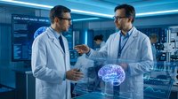 Two male scientists in white lab coats discussing holographic brain model in modern medical research laboratory with digital displays and advanced technology equipment.