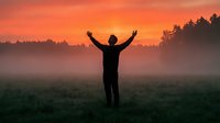 Silhouetted figure with arms raised in celebration standing in misty field at sunrise, expressing freedom, success, and achievement in nature.