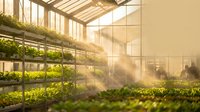 Modern greenhouse interior with automated hydroponic growing systems, misting irrigation, and rows of green seedlings under natural sunlight through glass roof panels for sustainable agriculture.