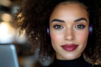 Young woman with curly dark hair and medium skin tone wearing wireless headphones and burgundy lipstick, looking at camera in indoor setting for music, lifestyle, and technology concepts.
