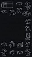 Laboratory equipment and safety gear white line icons on dark background for scientific research and medical facility design applications.