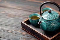 Traditional turquoise cast iron teapot with ornate pattern and matching cup filled with green tea, served on dark wooden tray against rustic wooden background.