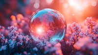 Crystal ball among pink spring flowers at sunset, magical glowing sphere reflecting nature with dreamy bokeh background in coral and blue tones creates ethereal atmosphere.