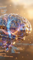 Digital brain with glowing neural networks and electric circuits representing artificial intelligence, machine learning and cognitive computing technology.
