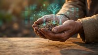 Hands holding soil with glowing tree and digital data visualization, representing sustainable technology, environmental conservation, and green business innovation.