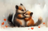Adorable pair of fluffy foxes cuddling together surrounded by floating red hearts on soft neutral background, romantic animal illustration for valentines cards.