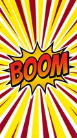 Comic book style BOOM explosion text with radiating sunburst rays in red and yellow retro pop art design for graphic projects and promotional materials.