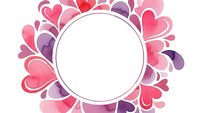 Watercolor heart frame with pink and purple hearts surrounding white circle for romantic designs, wedding invitations, Valentine's Day cards and love-themed projects.