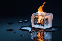 Fire flame burning inside melting ice cube with water droplets and reflection on dark surface creating dramatic contrast between hot and cold elements.