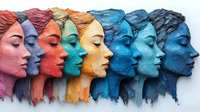 Female profiles in vibrant rainbow colors from coral pink to deep blue arranged in gradient sequence, artistic sculptural relief showing diversity and unity in feminine beauty.