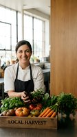 Smiling female chef in white uniform and apron standing behind wooden crate filled with fresh organic vegetables in modern restaurant kitchen.