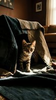 Adorable tabby kitten playing under cozy blanket fort on bed in warm sunlit bedroom creating perfect hideaway for feline adventures and comfort.