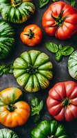 Fresh heirloom tomatoes in red, green and orange with basil leaves arranged on dark background. Organic produce for healthy cooking and farm market.