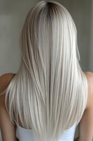 Long straight platinum blonde hair from behind showing smooth, healthy texture and even color. Woman wearing white tank top against neutral background.