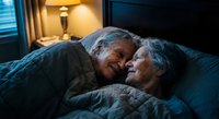 Senior Caucasian couple sharing intimate moment in bed, elderly man and woman embracing under warm lighting, mature love and companionship in cozy bedroom setting.