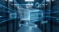 Digital shopping cart with glowing e-commerce icons and secure payment symbols in futuristic cyber space for online retail technology concepts.