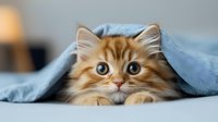Adorable ginger Persian cat with bright blue eyes peeking out from under soft blue blanket, creating heartwarming pet photography moment for social media and greeting cards.
