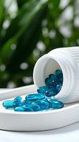 Blue gel capsules spilling from white medicine bottle on clean surface with natural green bokeh background for healthcare and wellness concepts.