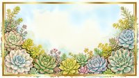 Succulent plants and flowering herbs arranged in decorative border frame with watercolor background, isolated on white for design projects.