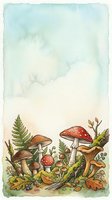Watercolor forest floor scene with red spotted mushrooms, ferns, fallen leaves, and moss on textured paper background. Whimsical woodland botanical illustration for nature-themed designs, children's books, and seasonal decor projects.