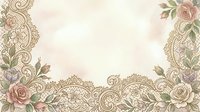 Vintage floral border with ornate lace patterns and roses on cream background, suitable for wedding invitations and decorative designs.