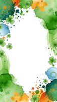 Watercolor shamrock clover frame with green orange splashes and white center space for St Patricks Day greeting cards invitations and festive designs.